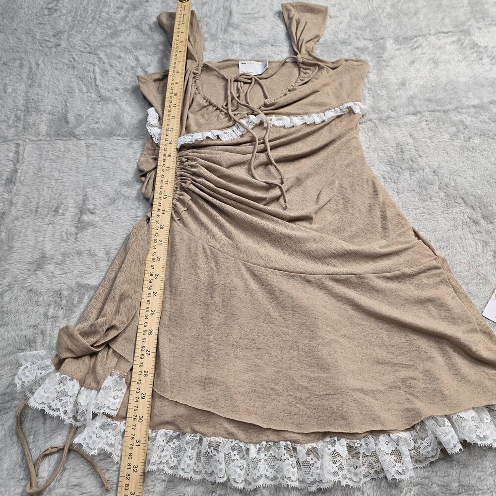Women's Ruched Lace Trim Mini Dress Mocha Bodycon Fairycore Y2K Sz10 Date Night - Picture 6 of 8